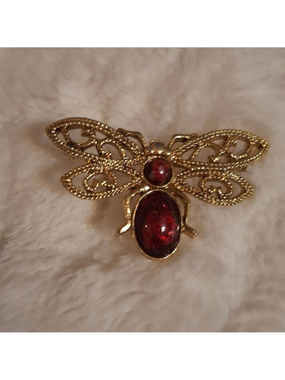 Monet Designer Gold and Red Bee Brooch